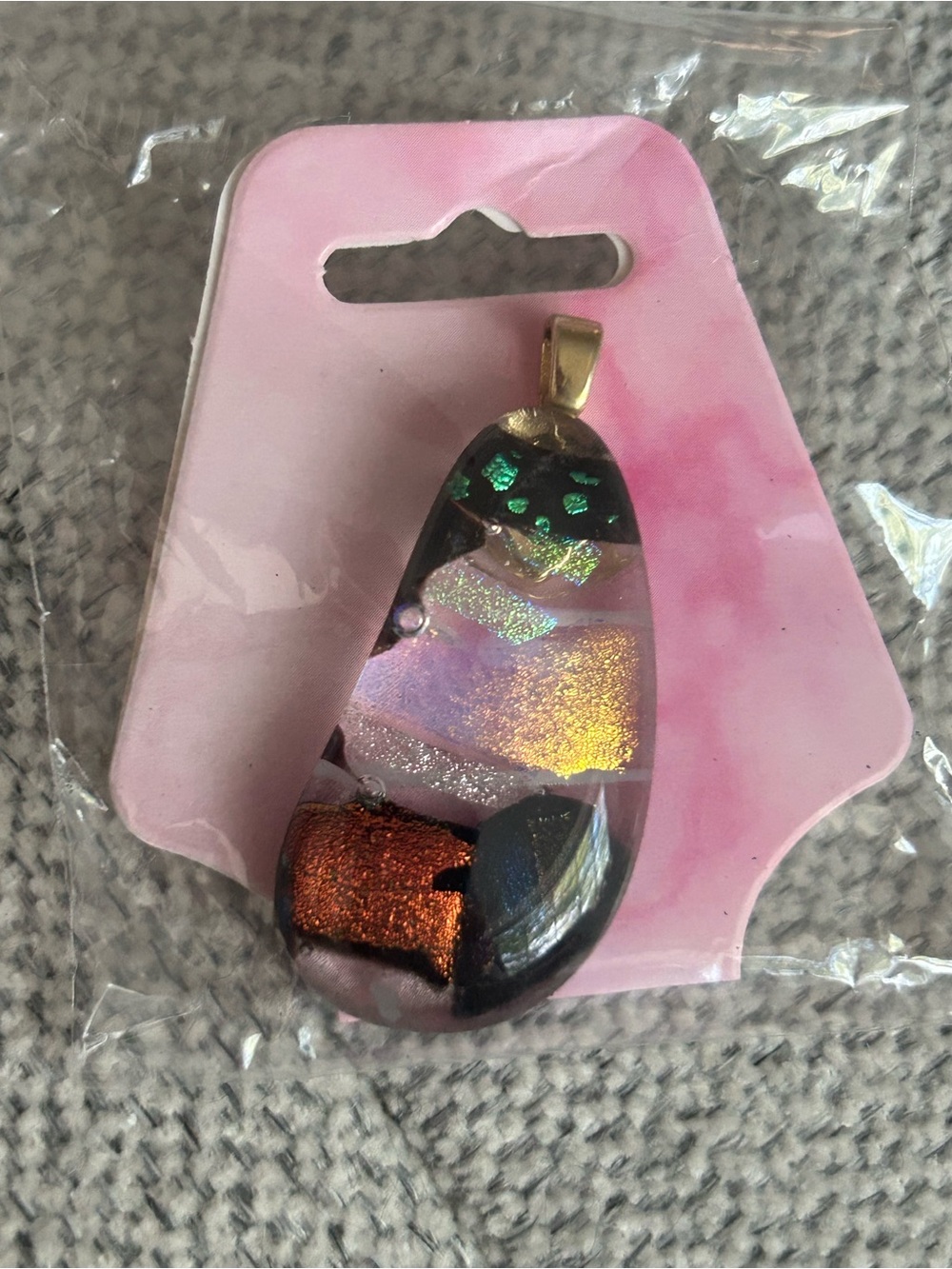 Iridescent Glass Teardrop Pendant in Pink and Gold